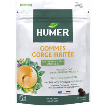 Gummis bei gereiztem Hals Menthol-Eukalyptus zuckerfrei Humer - Beutel mit 30 Gummis