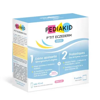 P'tit Eczederm Duo Beruhigungscreme und Probiotika Pediakid - Schachtel mit einer Tube von 40 ml und 10 Beuteln