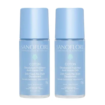 Deodorant Frische Baumwolle Anti-Spuren 24h Bio Sanoflore - Sonderangebot 2 Roll-ons à 50 ml