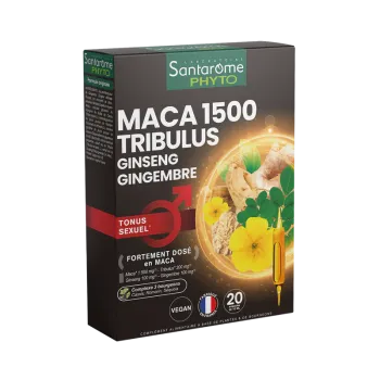 Maca 1500 Tribulus Ginseng Ingwer Sexuelle Leistungsfähigkeit Santarome - Packung mit 20 Ampullen