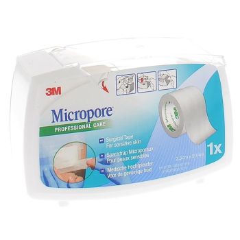 Mikropore Weißes Pflasterband mit Abroller 3M - Rolle von 2,5 cm x 9,14 m