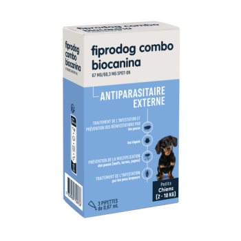 Fiprodog Combo 67 mg/60,3 mg äußeres Antiparasitikum für kleine Hunde (2-10 kg) Biocanina - Packung mit 3 Pipetten zu 0,67 ml