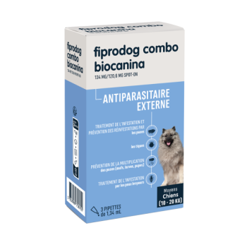 Fiprodog Combo 134 mg/120,6 mg äußeres Antiparasitikum für mittelgroße Hunde (10-20 kg) Biocanina - Packung mit 3 Pipetten à 1,34 ml