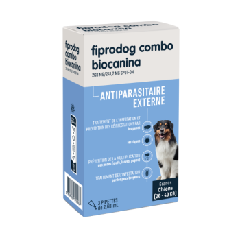 Fiprodog Combo 268 mg/241,2 mg äußeres Antiparasitikum für große Hunde (20-40 kg) Biocanina - Packung mit 3 Pipetten zu 2,68 ml