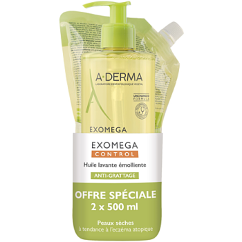 Exomega Control Emollient Waschöl gegen Juckreiz A-derma - Pumpflasche und Nachfüllpackung von 500 ml