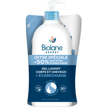 Körper- und Haarwaschgel + Eco-Nachfüllung Biolane - Pumpflasche und Nachfüllpackung von 500 ml