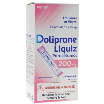 Doliprane Liquiz 200 mg ohne Zucker - Packung mit 12 Beuteln