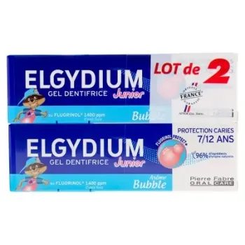 Fluorinol-Zahnpasta 7-12 Jahre Geschmack Bubble Junior Elgydium - Packung mit 2x50ml