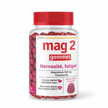 Mag2 Gummis Himbeergeschmack Nervosität, Müdigkeit Cooper - Dose mit 45 Gummis
