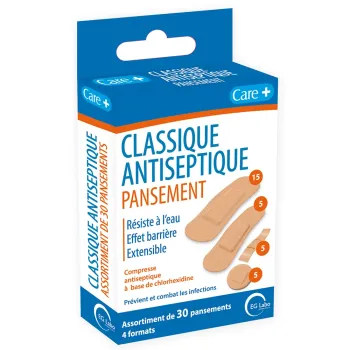 Klassische antiseptische Pflaster 4 Formate Care+ EG Labo - Schachtel mit 30 Pflastern