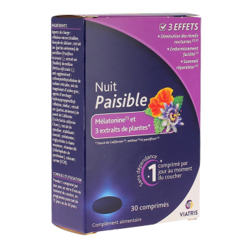 Ruhige Nacht Melatonin und 3 Pflanzenextrakte Viatris - Packung mit 30 Tabletten