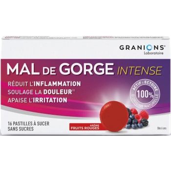 Intensive Halsschmerzen Lutschtabletten mit rotem Fruchtgeschmack Granions - Packung mit 16 Lutschtabletten