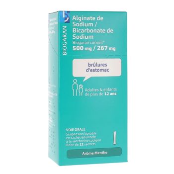 Natriumalginate/Natriumbicarbonat Biogaran 500 mg/267 mg - Packung mit 12 zuckerfreien Minzbeuteln