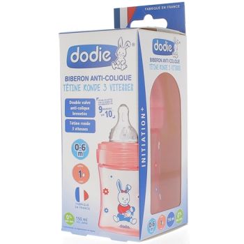 Schnullerflasche Initiation+ runde Sauger 3 Geschwindigkeiten rosa Puppe 0-6 Monate Dodie - Flasche mit 150ml