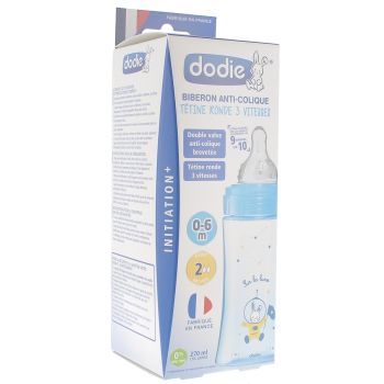 Blaues Anti-Kolik-Fläschchen mit rundem Sauger 3 Geschwindigkeiten 0-6 Monate Dodie - 1 Fläschchen von 270 ml