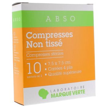 Sterile Vlieskompressen Gr&uuml;ne Marke - Schachtel mit 10 Beuteln zu je 2 Kompressen von 7,5x7,5cm