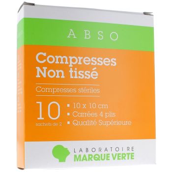 Sterile Vlieskompressen Gr&uuml;ne Marke - Box mit 10 Beuteln zu je 2 Kompressen von 10x10cm