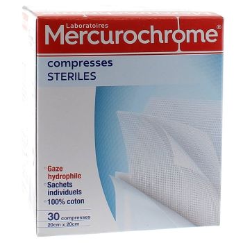 Sterile Baumwollkompressen Mercurochrome - Packung mit 30 Kompressen
