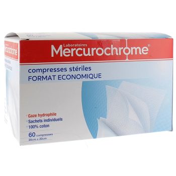 Sterile Baumwollkompressen im wirtschaftlichen Format Mercurochrome - Packung mit 60 Kompressen