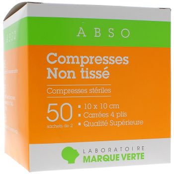 Sterile Vlieskompressen Gr&uuml;ne Marke - Schachtel mit 50 Beuteln zu 2 Kompressen von 10x10cm