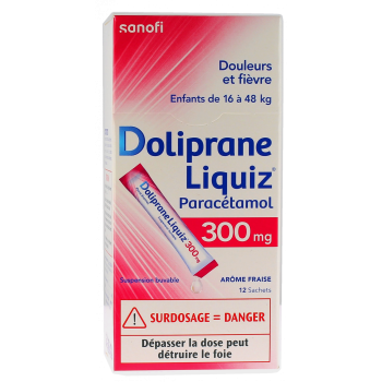 Doliprane Liquiz 300 mg zuckerfreie orale Suspension - Packung mit 12 Beuteln