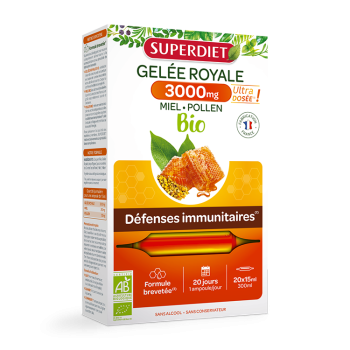 Gelée Royale 3000mg Honig Pollen Bio Super Diet - Packung mit 20 Ampullen