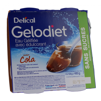 Gelodiet Gelee-Wasser mit Süßungsmittel Cola-Geschmack Delical - 4er-Pack mit 120g Bechern