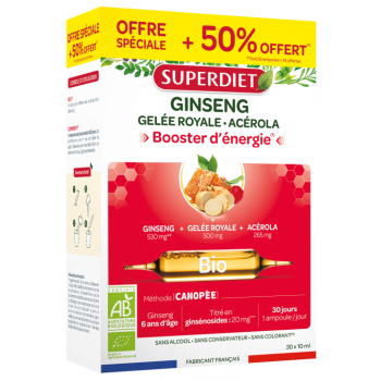 Ginseng, Gelee Royale und Acerola Bio Super Diet - Schachtel mit 20 Ampullen + 10 Ampullen geschenkt
