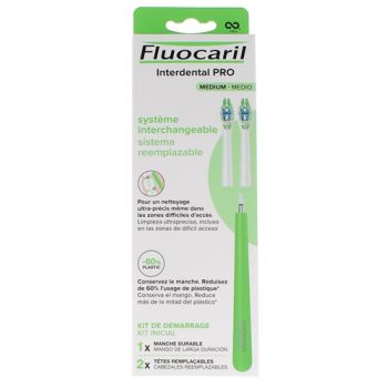 Interdental Pro System austauschbares Medium Starterset Fluocaril - Box mit 1 langlebigem Griff + 2 austauschbaren Köpfen