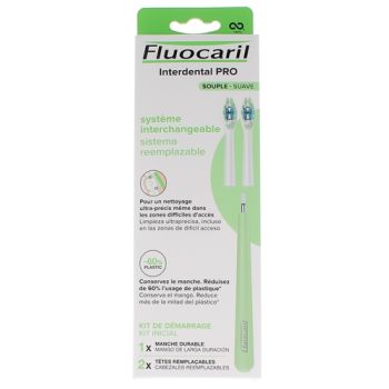 Interdental Pro Wechselsystem weiches Starter-Kit Fluocaril - Box mit 1 langlebigem Griff + 2 austauschbaren Köpfen
