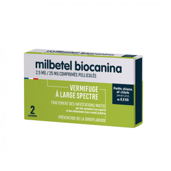 Milbetel 2,5mg/25mg Wurmkur für kleine Hunde und Welpen +0,5kg Biocanina - Packung mit 2 Tabletten