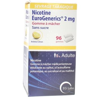 Nikotin EuroGenerics 2mg zuckerfrei Zitronenaroma - Packung mit 96 Kaugummis