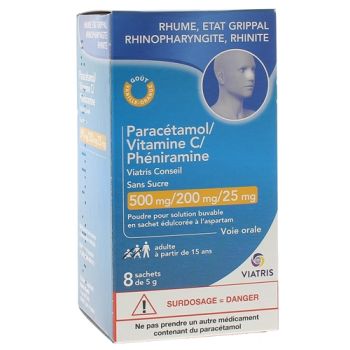 Paracetamol Vitamin C Pheniramine ohne Zucker Mylan - 8 Beutel zu 5g