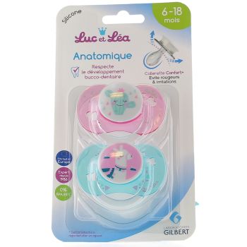 Anatomische Silikon-Schnuller mit Ring 6-18 Monate Modell Regenbogen und Einhorn Luc und Léa - 2 Schnuller