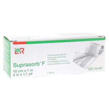 Suprasorb F Transparentes, nicht steriles Verbandmaterial in Rolle 10 cm x 1 m Lohmann & Rauscher - Schachtel mit einem Stück