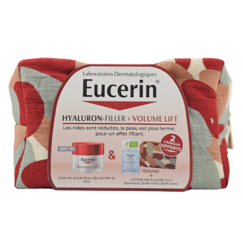 Hyaluron-Filler + Volumen-Lift Tagespflege für trockene Haut Eucerin - 50ml Tiegel + DermatoCLEAN 100ml und kostenlose Tasche