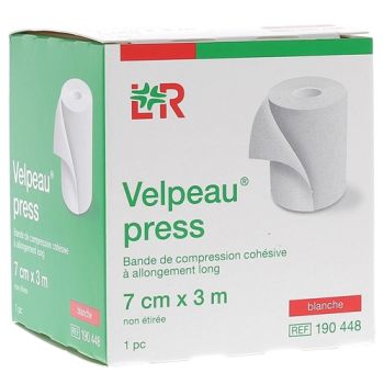 Velpeau Press Kohäsive Kompressionsbinde mit langer Dehnung - Schachtel mit einem weißen Band von 7x3cm