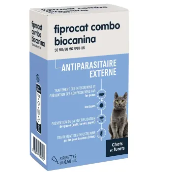 Fiprocat Combo 50 mg/60 mg &auml;u&szlig;eres Antiparasitikum f&uuml;r Katzen und Frettchen Biocanina - Packung mit 3 Pipetten zu 0,5 ml