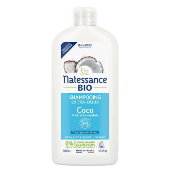 Bio-Kokos- und pflanzliches Keratin Extra Sanft Shampoo Natessance - 500ml Flasche
