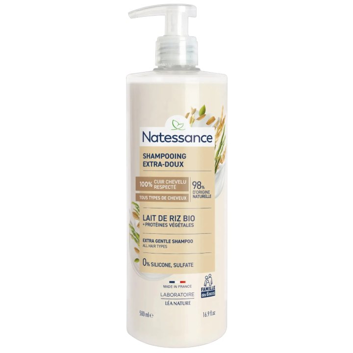 Shampooing extra-sanft mit Bio-Reis-Milch Natessance - Pumpflasche 500ml