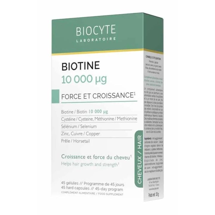 Biotin 10.000 µg Haarstärke und -wachstum Biocyte - Packung mit 45 Kapseln
