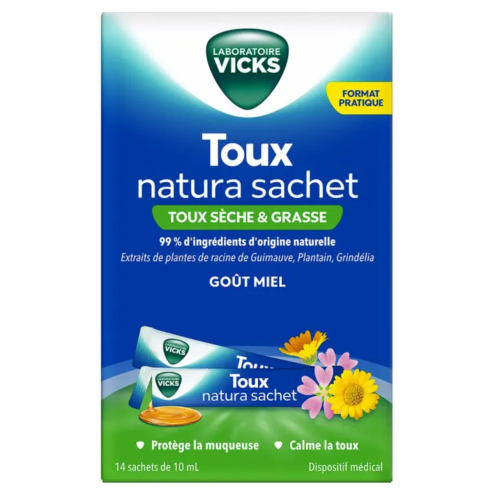 Husten Natura Hustenmittel für trockenen und produktiven Husten mit Honiggeschmack Vicks - Packung mit 14 Beuteln à 10 ml