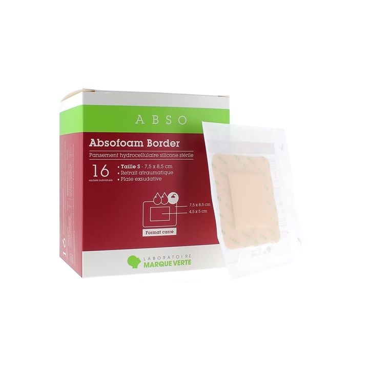 Absofoam Border Hydrocellular Verband Grüne Marke - Schachtel mit 16 Verbänden von 7,5 x 8,5 cm