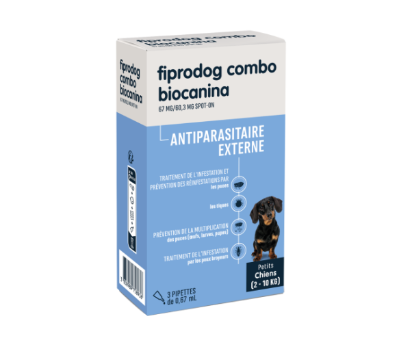 Fiprodog Combo 67 mg/60,3 mg äußeres Antiparasitikum für kleine Hunde (2-10 kg) Biocanina - Packung mit 3 Pipetten zu 0,67 ml