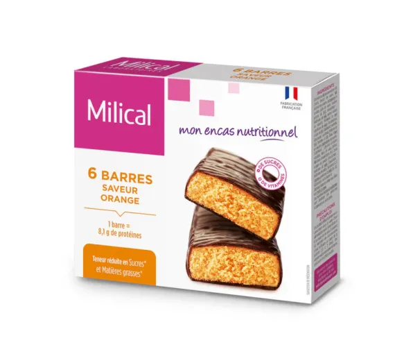 Proteinriegel mit Orangengeschmack, nahrhafter Snack von Milical - Packung mit 6 Riegeln