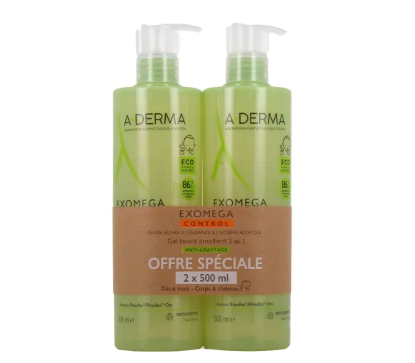 Exomega Control Gel Waschmittel Emollient Anti-Juckreiz A-Derma - 2er-Pack Pumpflaschen à 500ml - image 1