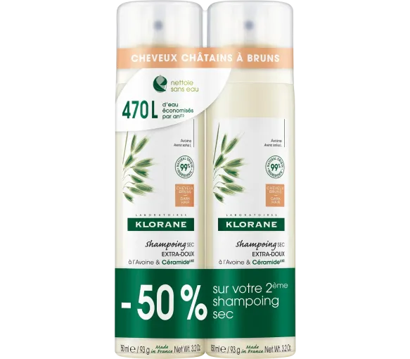 Extra-sanftes, getöntes Trockenshampoo für kastanienbraunes bis braunes Haar von Klorane - 2er-Pack mit 150 ml Sprays
