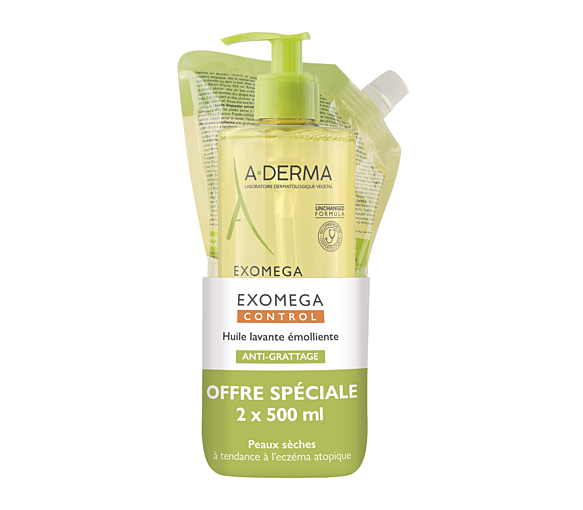Exomega Control Emollient Waschöl gegen Juckreiz A-derma - Pumpflasche und Nachfüllpackung von 500 ml - image 1