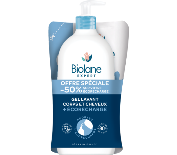 Körper- und Haarwaschgel + Eco-Nachfüllung Biolane - Pumpflasche und Nachfüllpackung von 500 ml - image 1