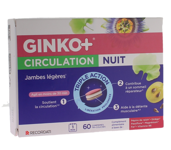 Ginko+ Durchblutung Nacht leichte Beine Dreifachwirkung Bouchara - Packung mit 60 Tabletten